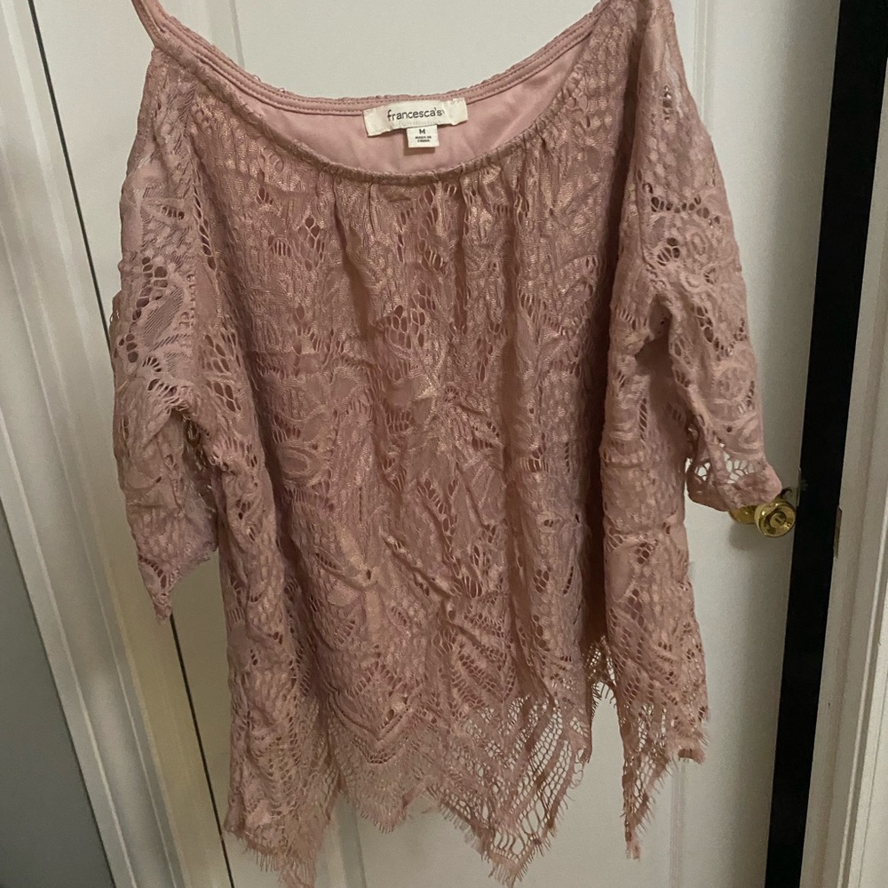 Blush Francesca’s lacy blouse